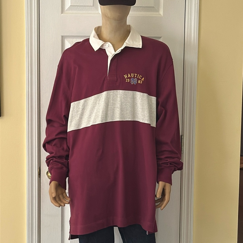 Nautica Vintage 1983 Rugby Long Sleeve Shirt Sz 2XL burgundy and gray "Rare".